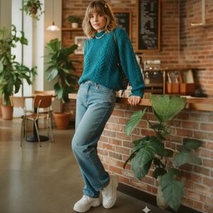 VTG 80s Junior Connection Teal Chunky Cable Knit Sweater Small Acrylic Hong Kong